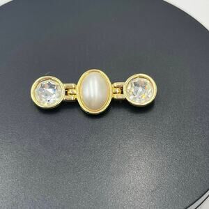 Swarovski SAL Vintage Gold Tone Faux White Pearl Crystal Bar Brooch